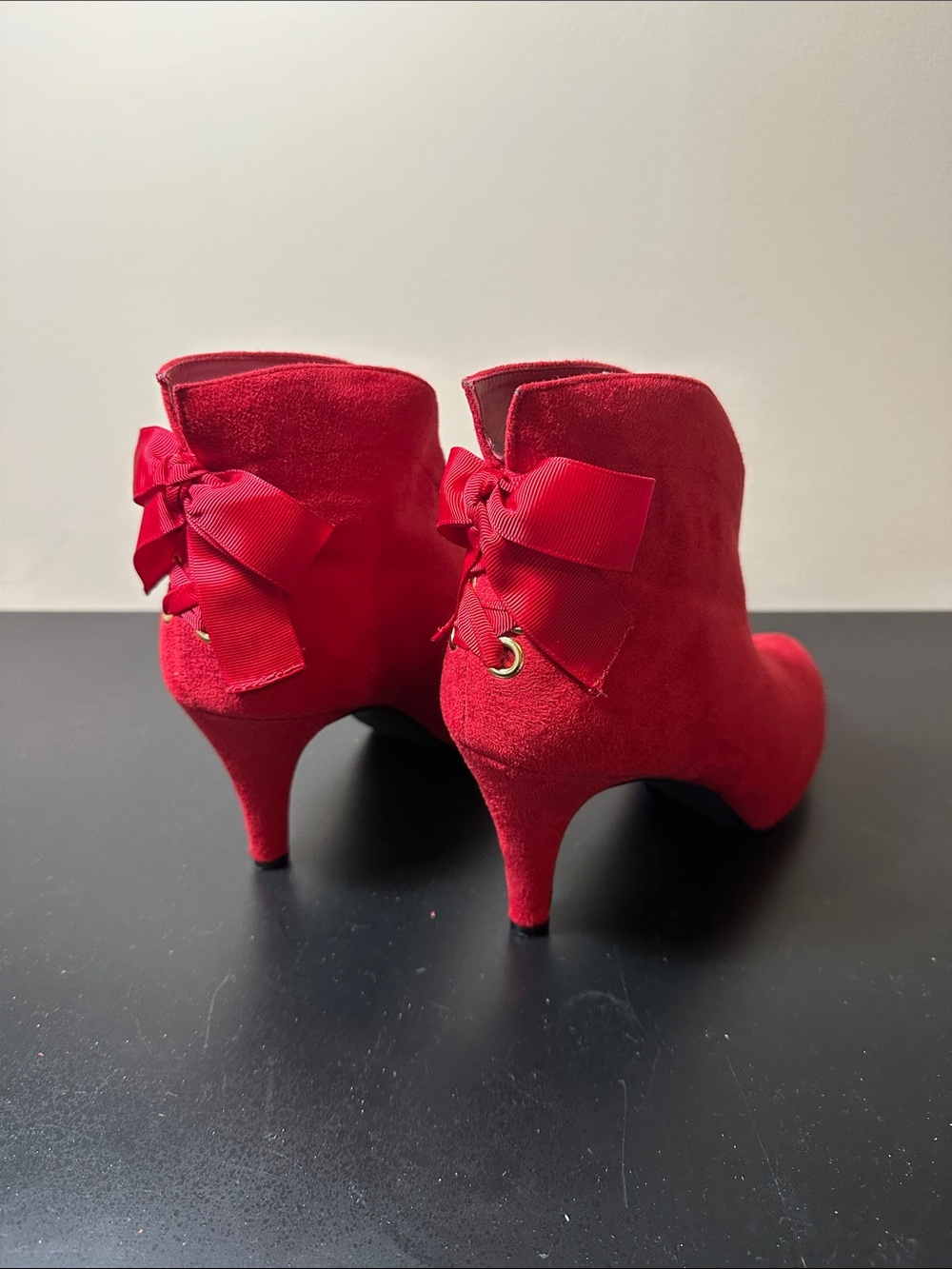 Impo Red Suede Lace-Up Bow Back Ankle Heels